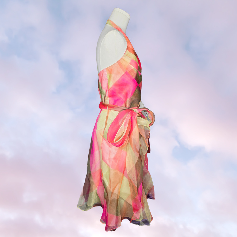 Chetta B Multicolor Geometric 100% Silk Halter Wrap Tie Waist Prom Dress Sz 14 - Picture 3 of 8